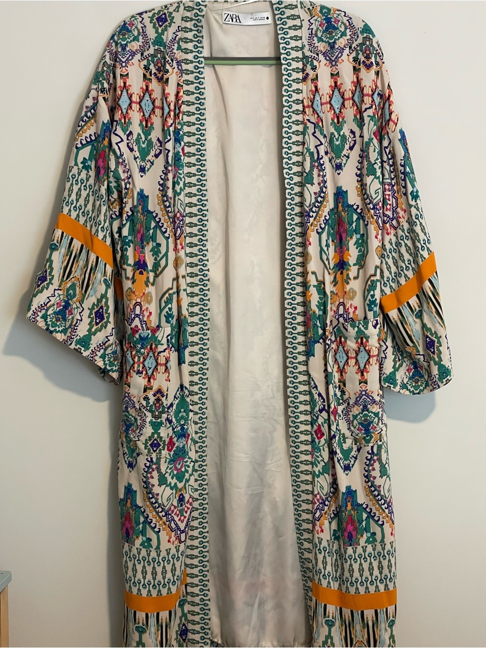 Zara Multicolor Printed Long Kimono Robe with Teal Trim